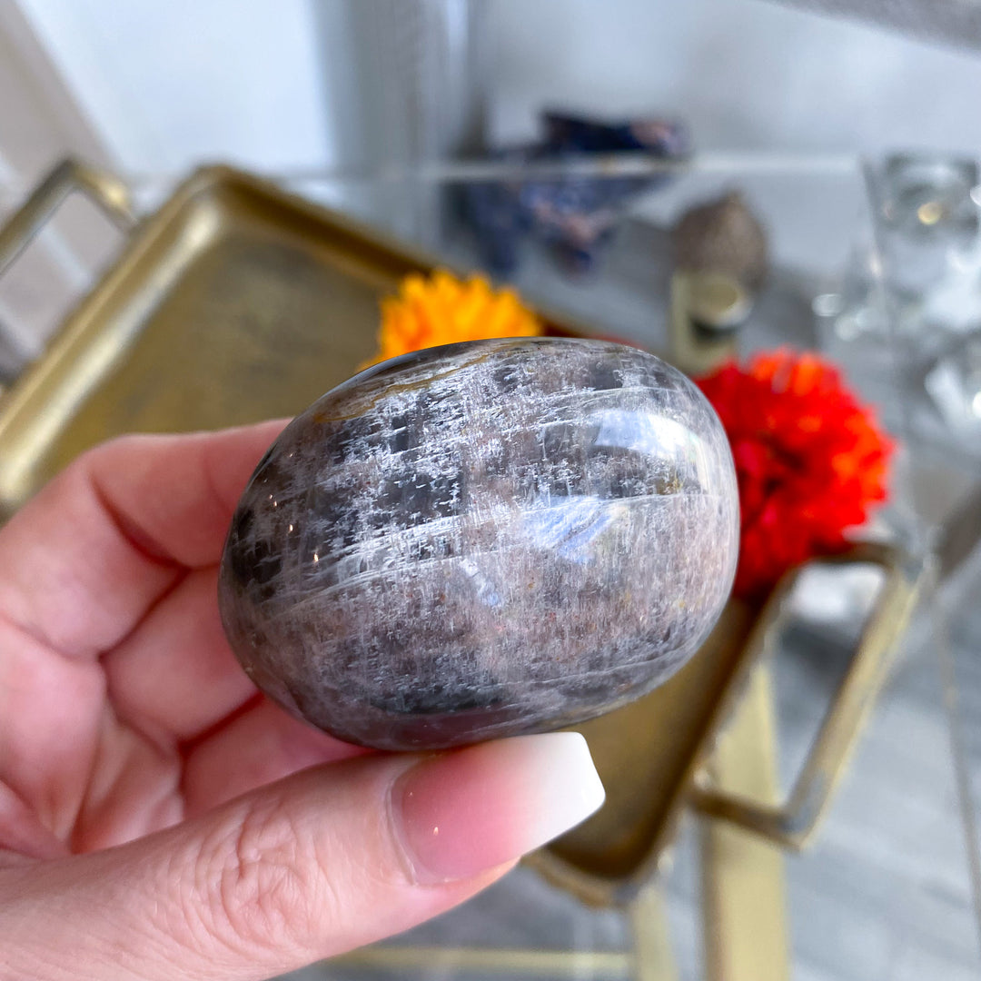 Circular Black Moonstone Palm Stone w/ Sheen 