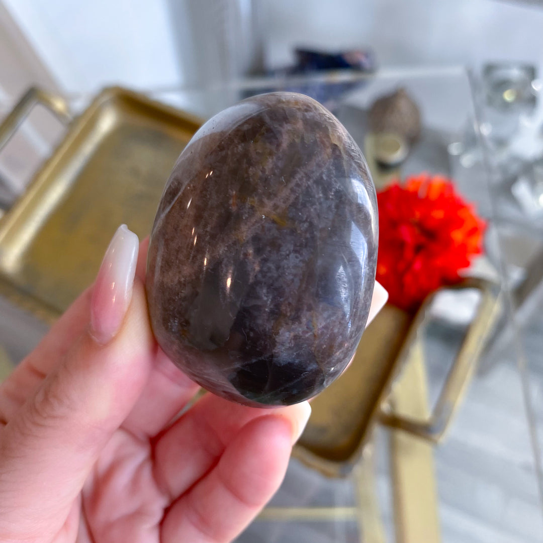 Circular Black Moonstone Palm Stone w/ Sheen 