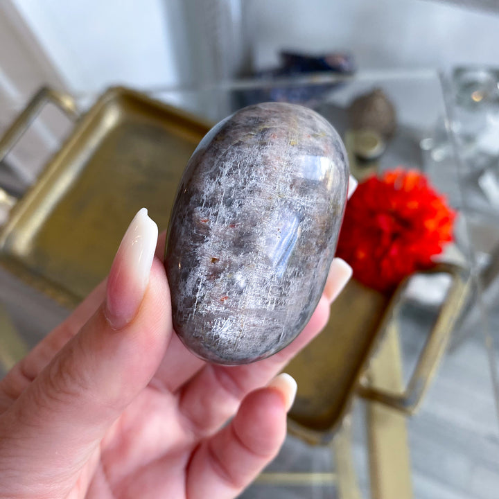 Circular Black Moonstone Palm Stone w/ Sheen 