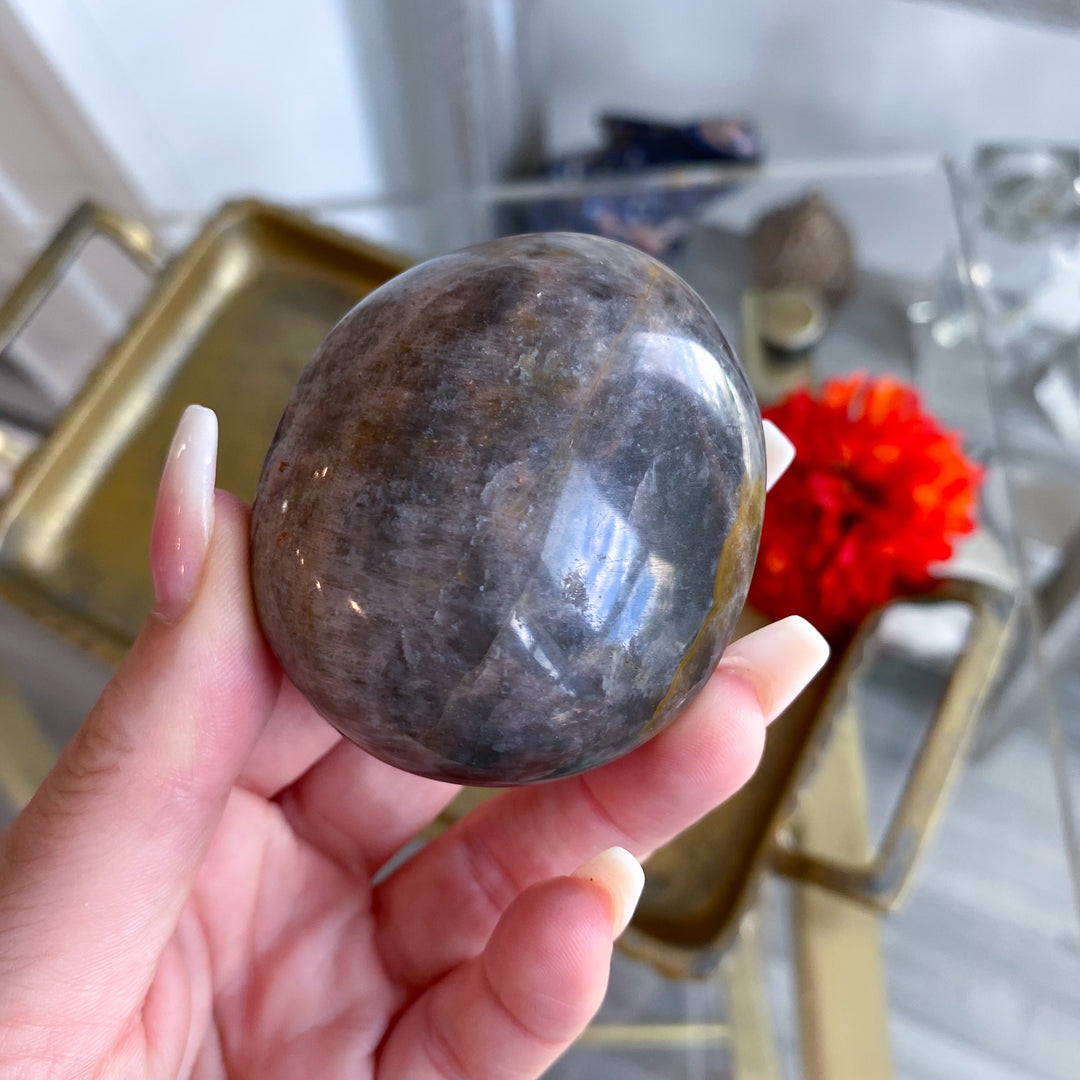 Circular Black Moonstone Palm Stone w/ Sheen 