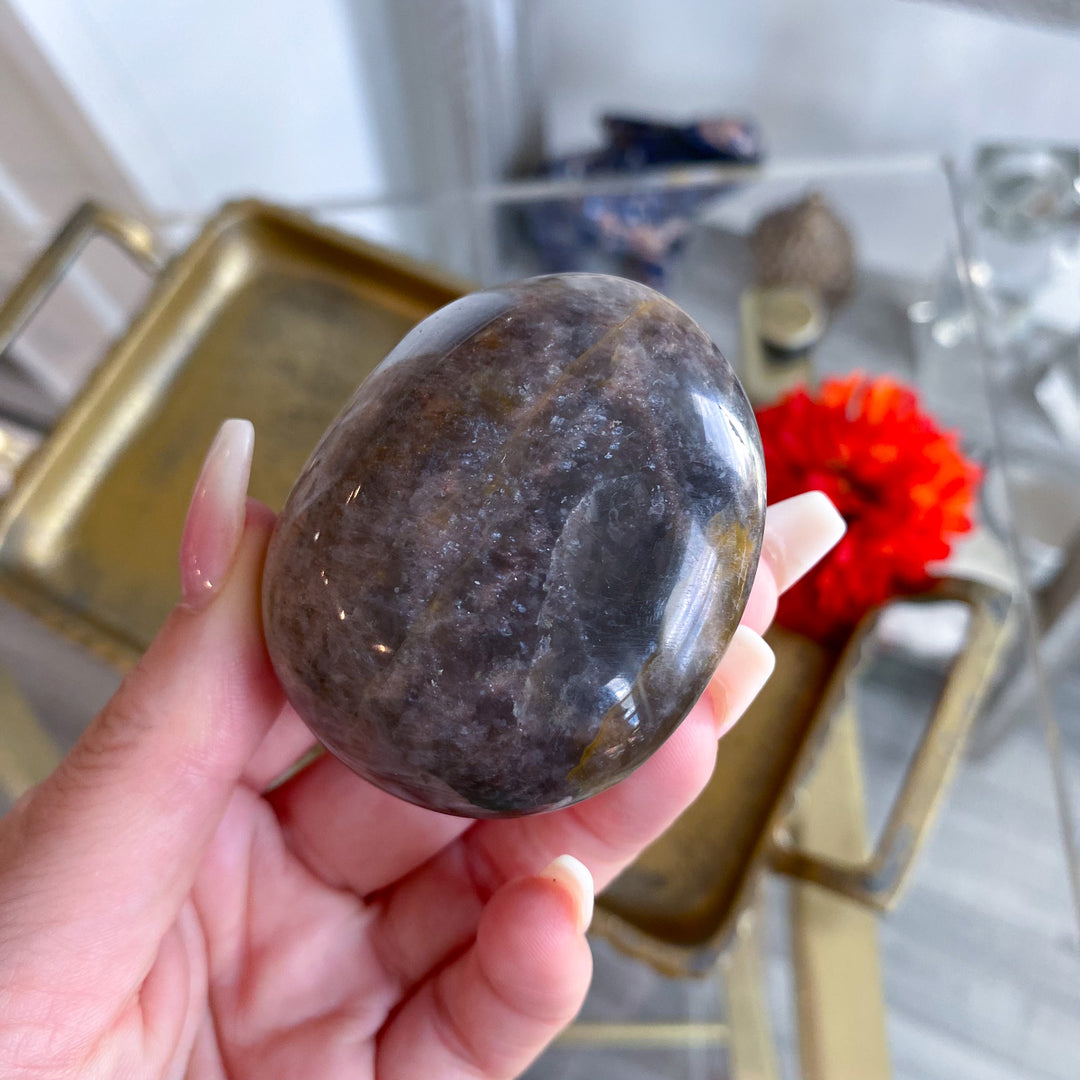 Circular Black Moonstone Palm Stone w/ Sheen 