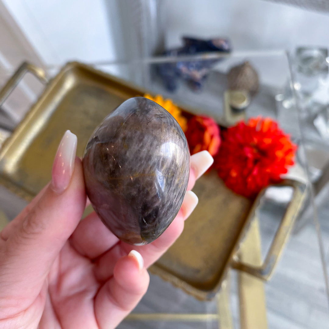Circular Black Moonstone Palm Stone w/ Sheen 