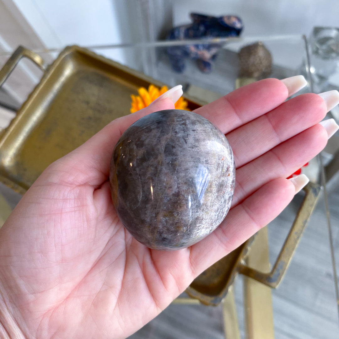 Circular Black Moonstone Palm Stone w/ Sheen 