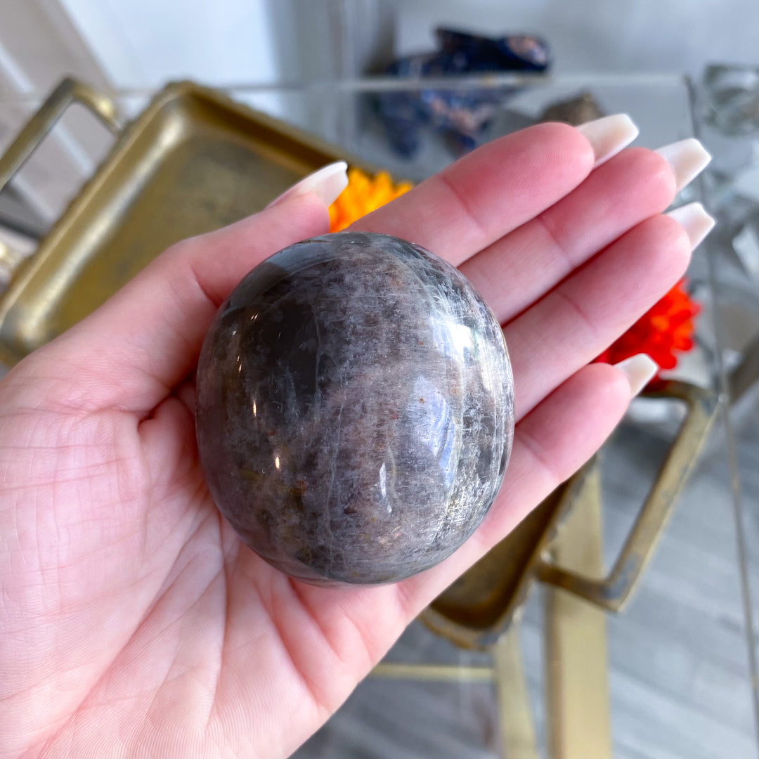 Circular Black Moonstone Palm Stone w/ Sheen 