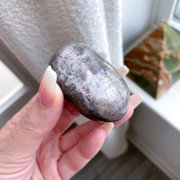 Circular Black Moonstone Palm Stone w/ Sheen 