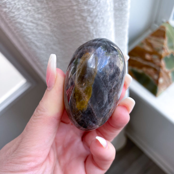 Circular Black Moonstone Palm Stone w/ Sheen 