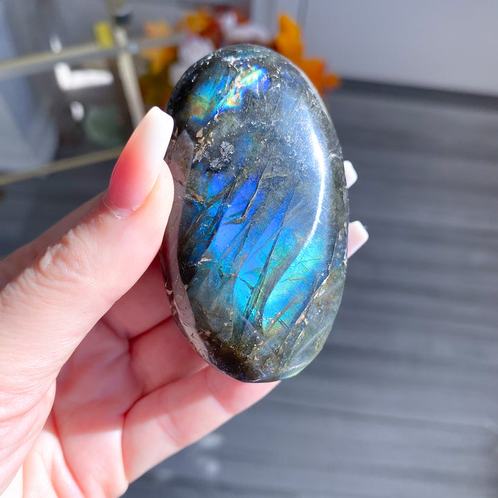 Electric Blue, Green Labradorite Palm Stone 