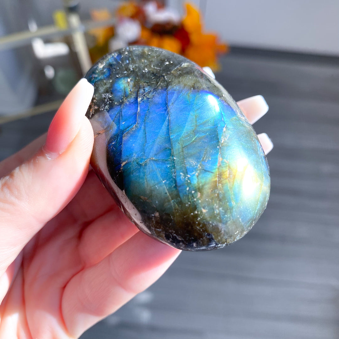 Electric Blue, Green Labradorite Palm Stone 
