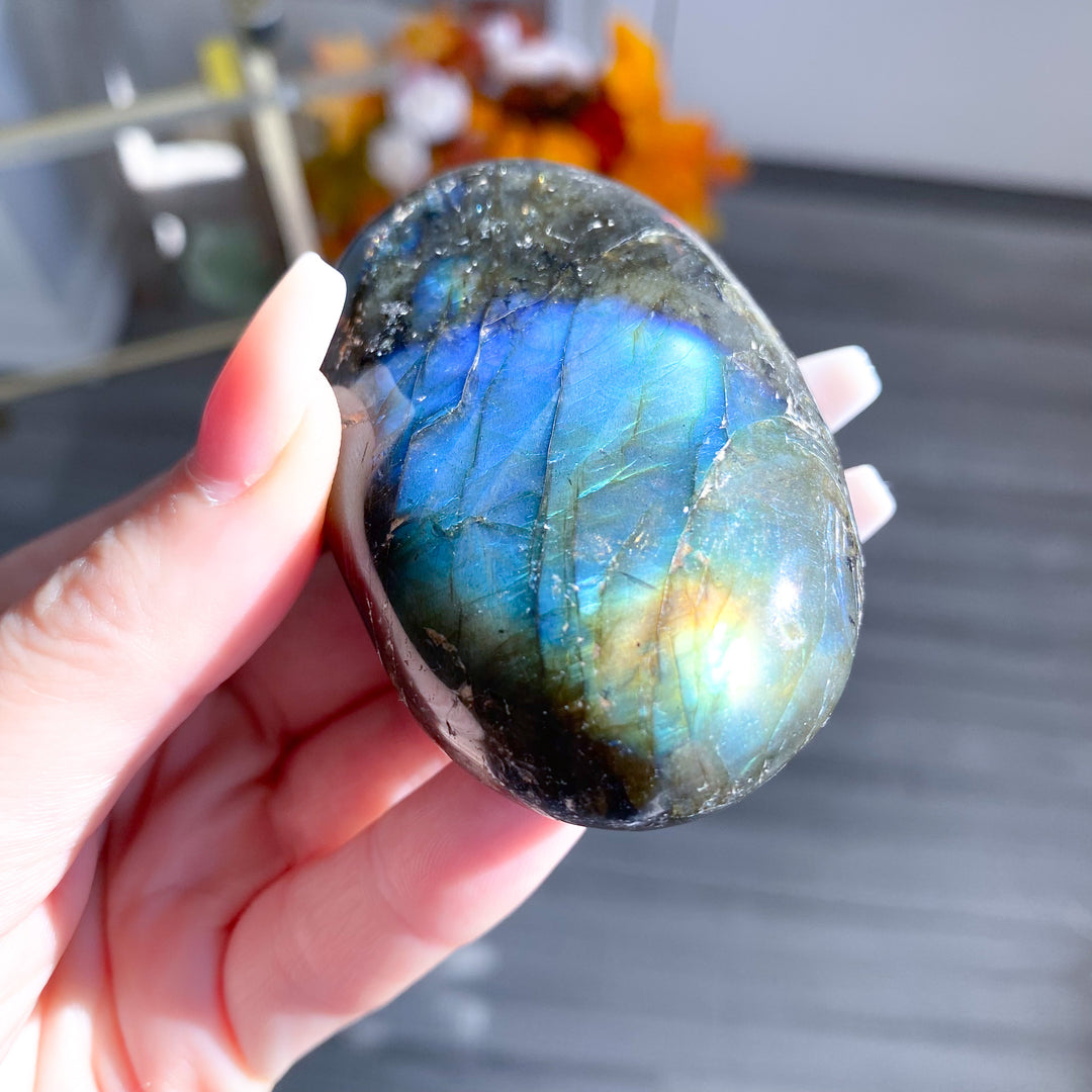 Electric Blue, Green Labradorite Palm Stone 
