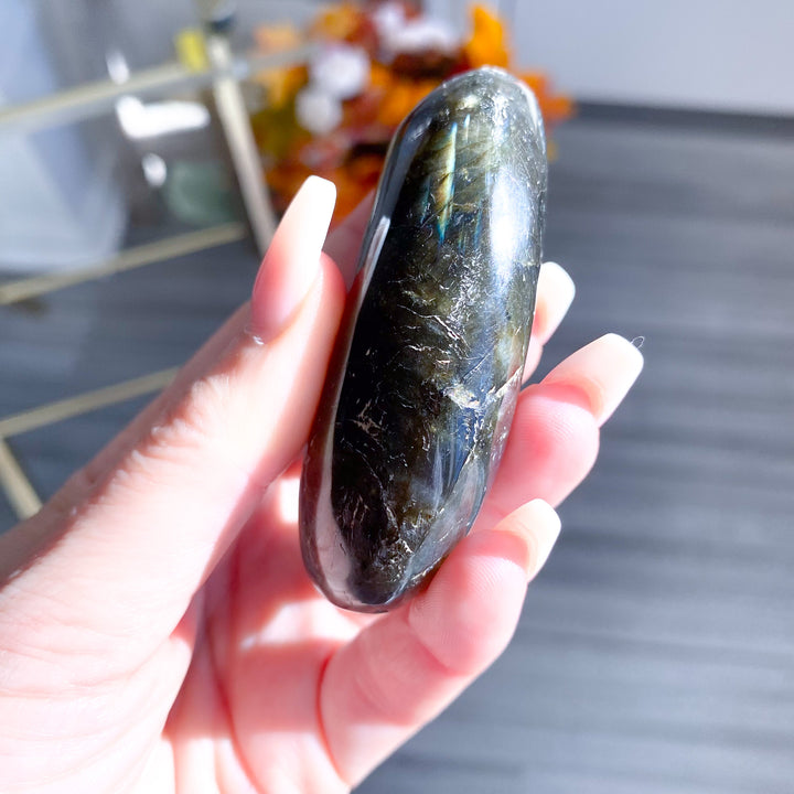 Electric Blue, Green Labradorite Palm Stone 
