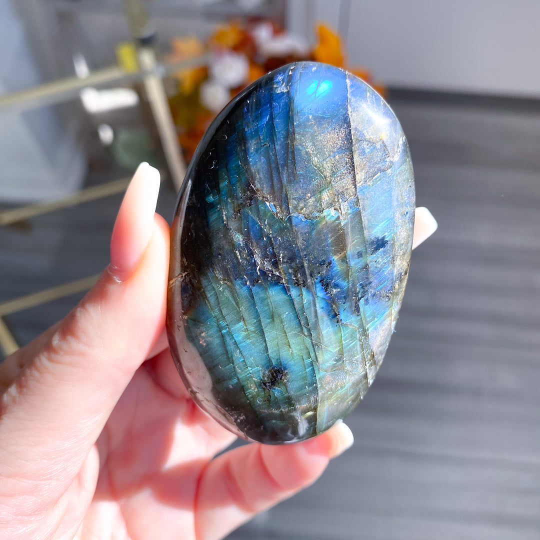 Electric Blue, Green Labradorite Palm Stone 