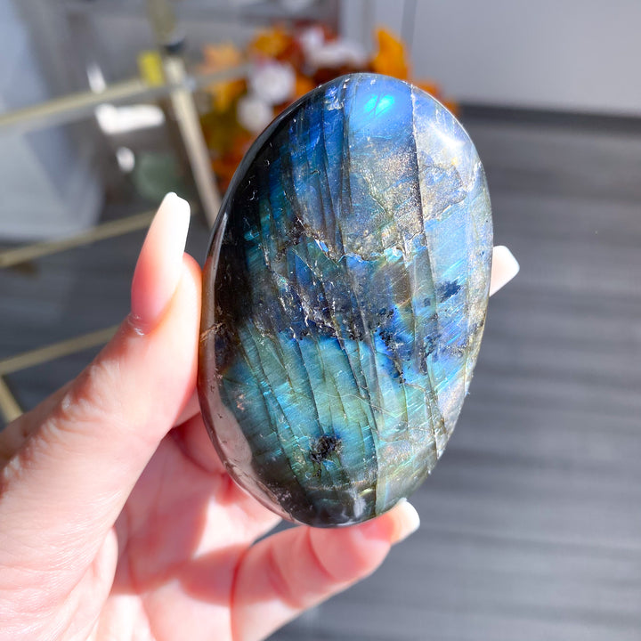 Electric Blue, Green Labradorite Palm Stone 