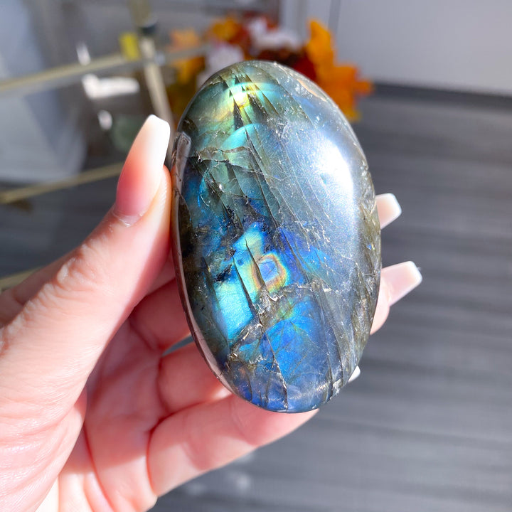 Electric Blue, Green Labradorite Palm Stone 