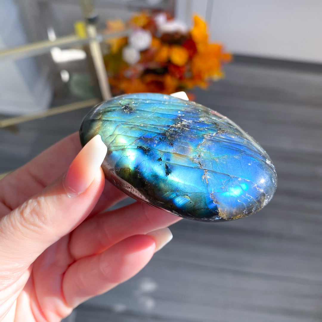 Electric Blue, Green Labradorite Palm Stone 