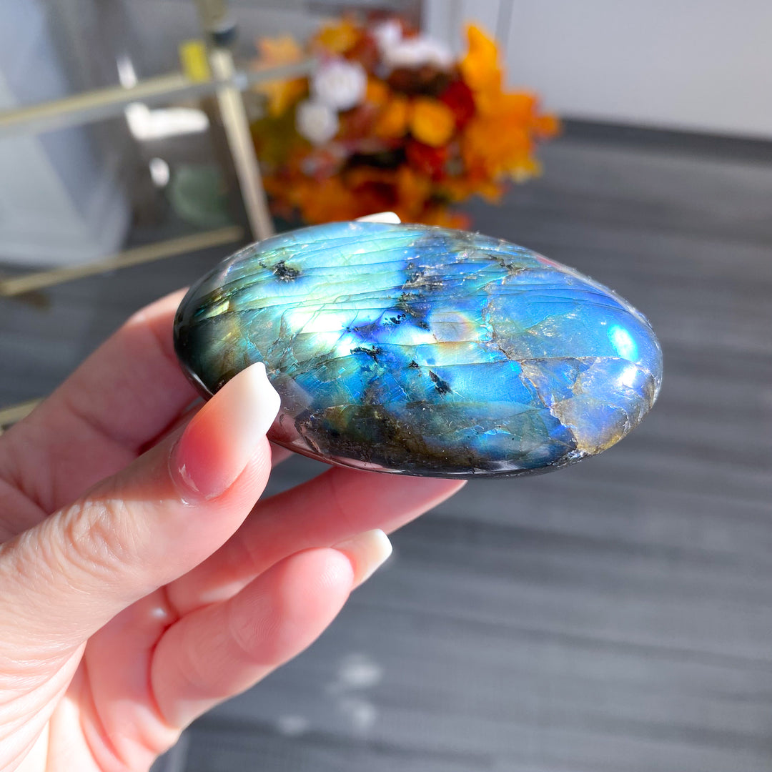 Electric Blue, Green Labradorite Palm Stone 