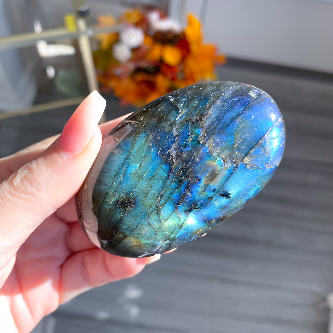 Electric Blue, Green Labradorite Palm Stone 