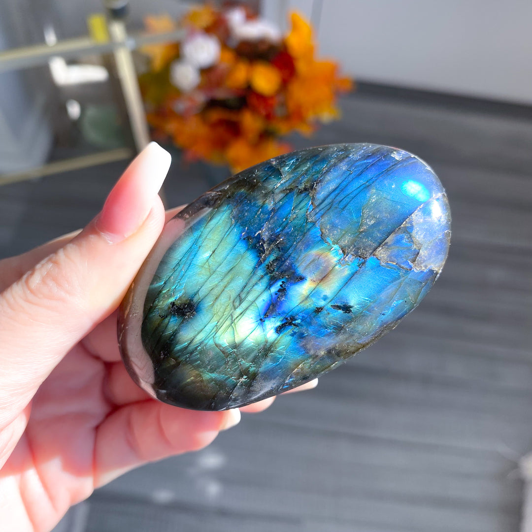 Electric Blue, Green Labradorite Palm Stone 