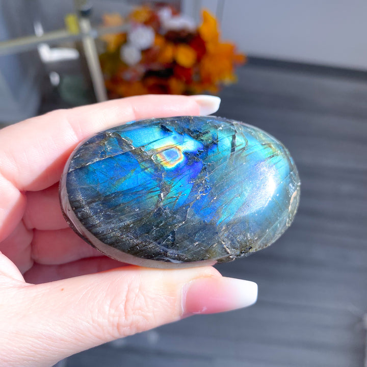 Electric Blue, Green Labradorite Palm Stone 