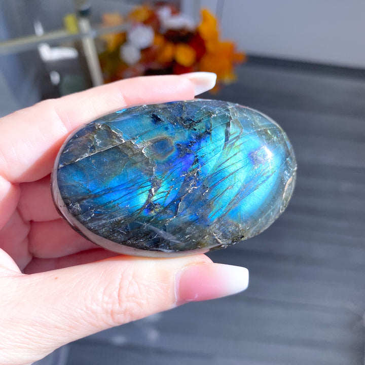 Electric Blue, Green Labradorite Palm Stone 