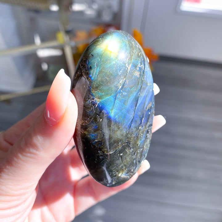 Electric Blue, Green Labradorite Palm Stone 