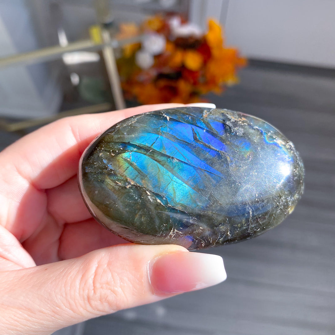 Electric Blue, Green Labradorite Palm Stone 