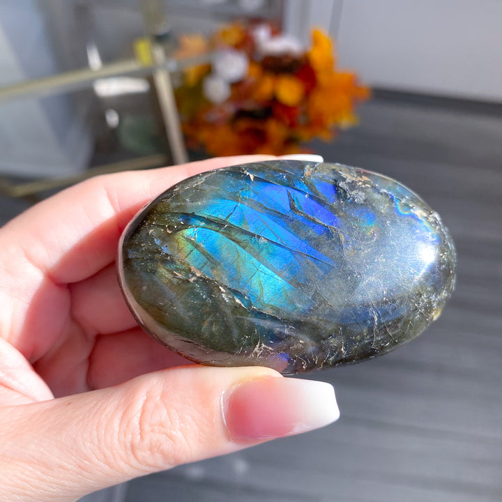 Electric Blue, Green Labradorite Palm Stone 