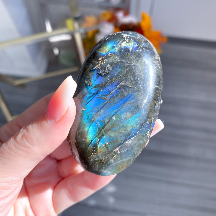 Electric Blue, Green Labradorite Palm Stone 