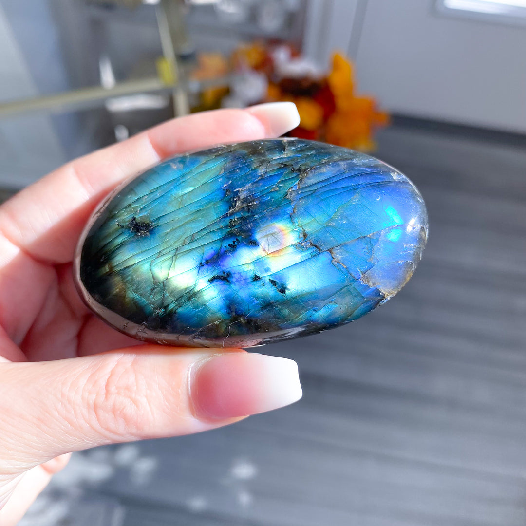 Electric Blue, Green Labradorite Palm Stone 