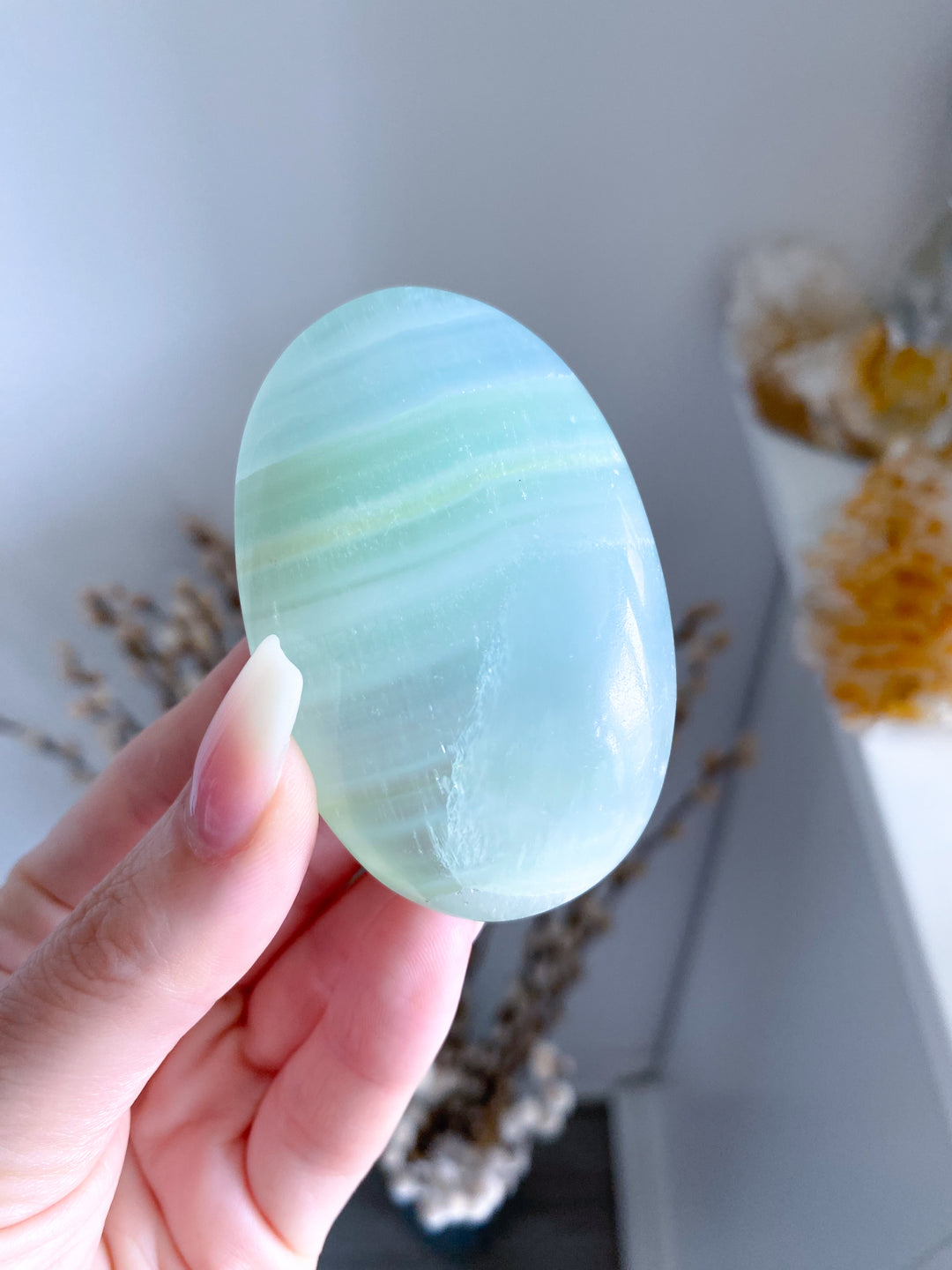 Pistachio Green Calcite Palm Stone #2