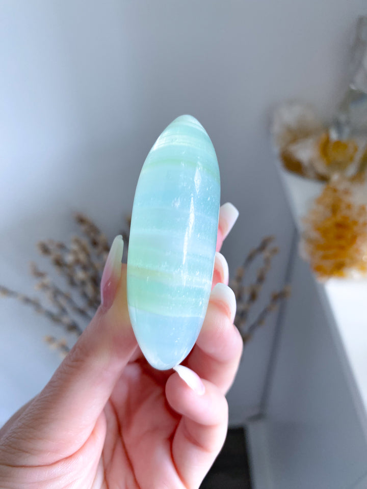Pistachio Green Calcite Palm Stone #2
