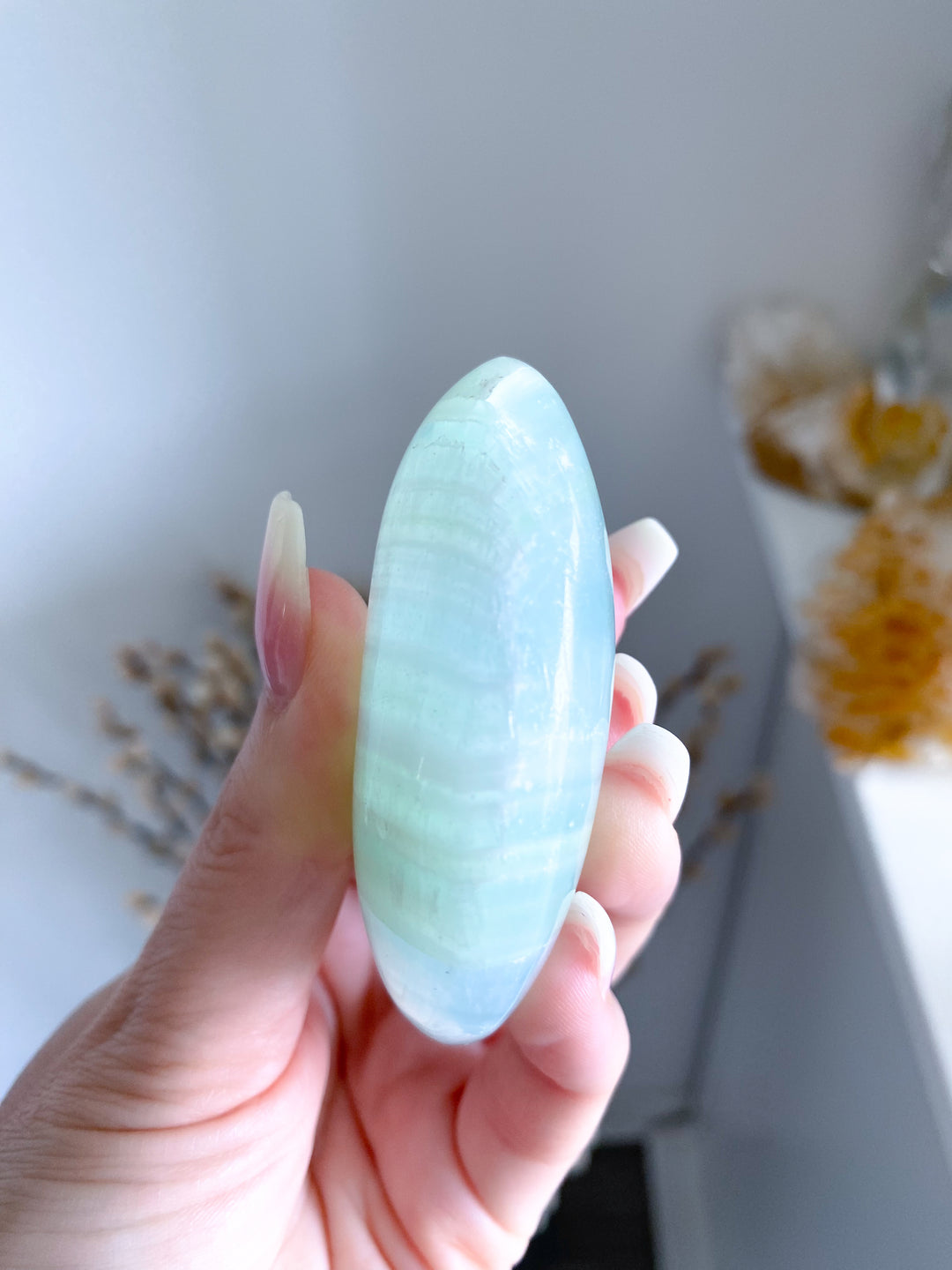 Pistachio Green Calcite Palm Stone #2