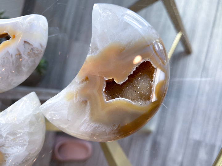 Druzy Orange, Peach Agate MOON  - Calm Nerves - Soothe Depression - Crystal Therapy - Self-care Stone - Crescent