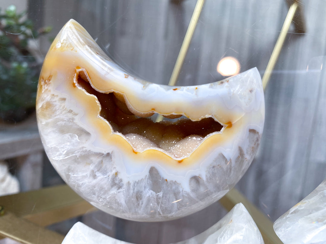 Druzy Orange, Peach Agate MOON  - Calm Nerves - Soothe Depression - Crystal Therapy - Self-care Stone - Crescent