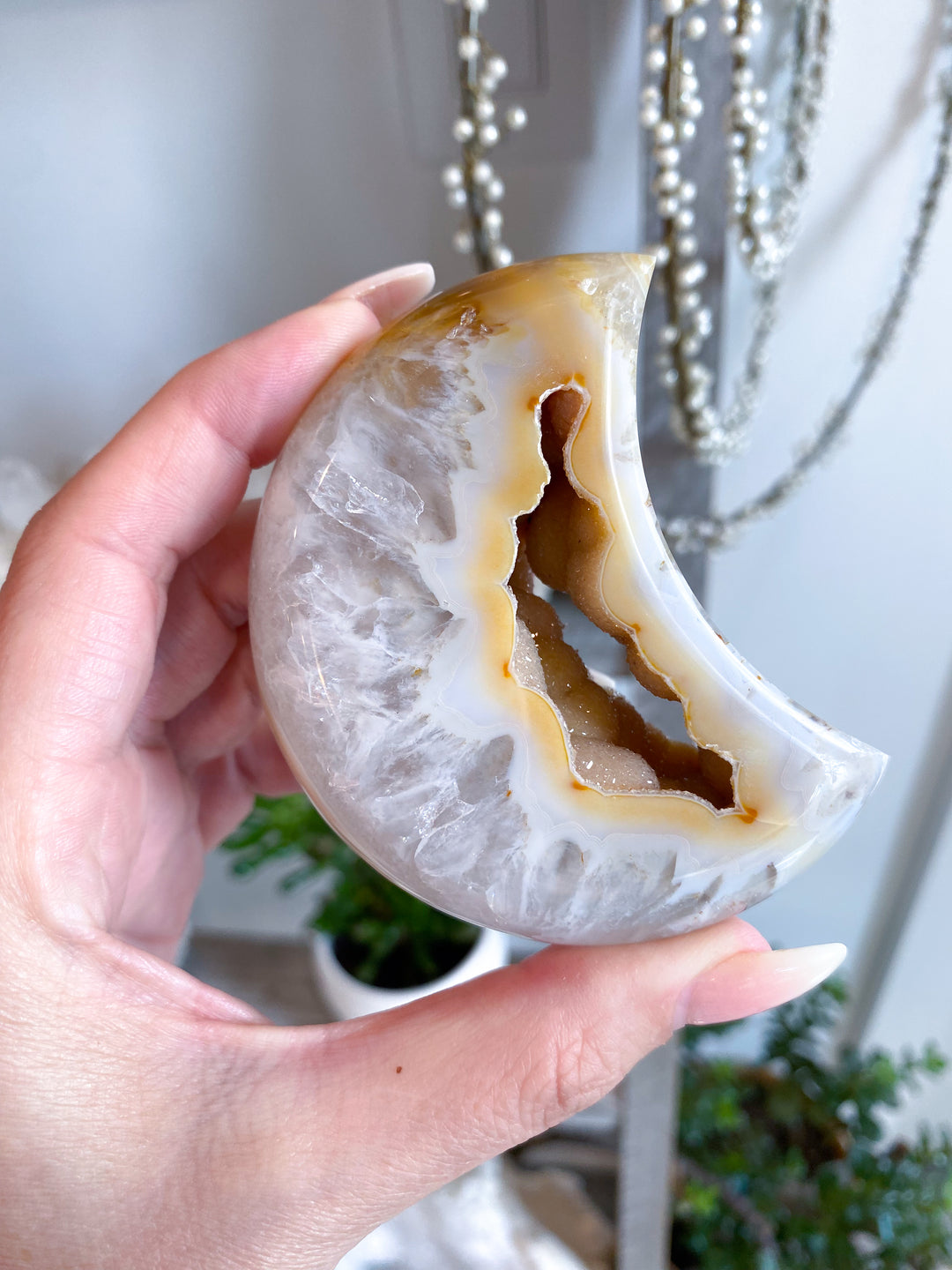 Druzy Orange, Peach Agate MOON  - Calm Nerves - Soothe Depression - Crystal Therapy - Self-care Stone - Crescent