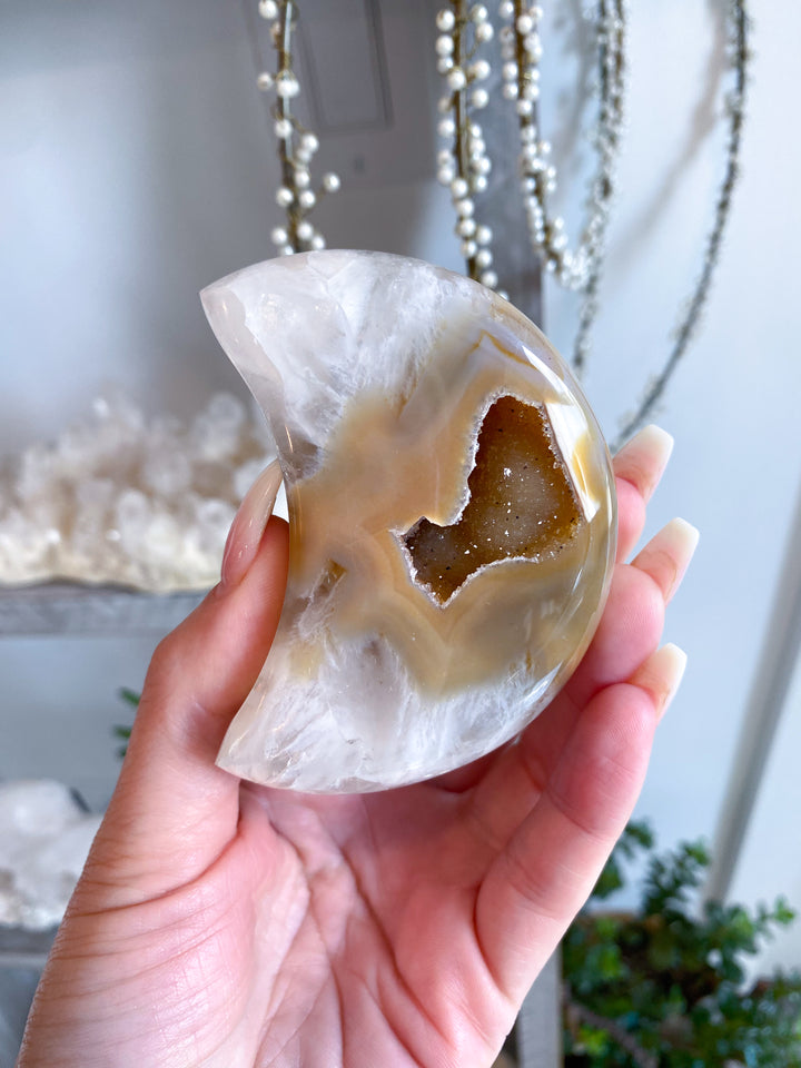 Druzy Orange, Peach Agate MOON  - Calm Nerves - Soothe Depression - Crystal Therapy - Self-care Stone - Crescent
