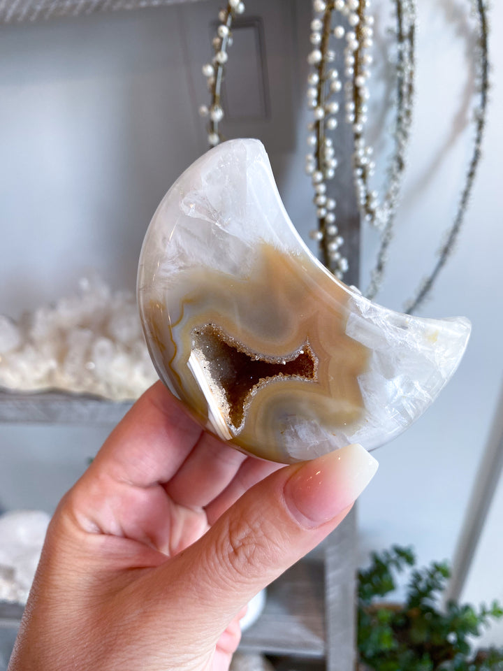 Druzy Orange, Peach Agate MOON  - Calm Nerves - Soothe Depression - Crystal Therapy - Self-care Stone - Crescent