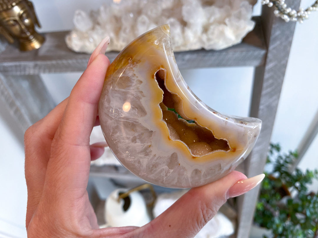 Druzy Orange, Peach Agate MOON  - Calm Nerves - Soothe Depression - Crystal Therapy - Self-care Stone - Crescent