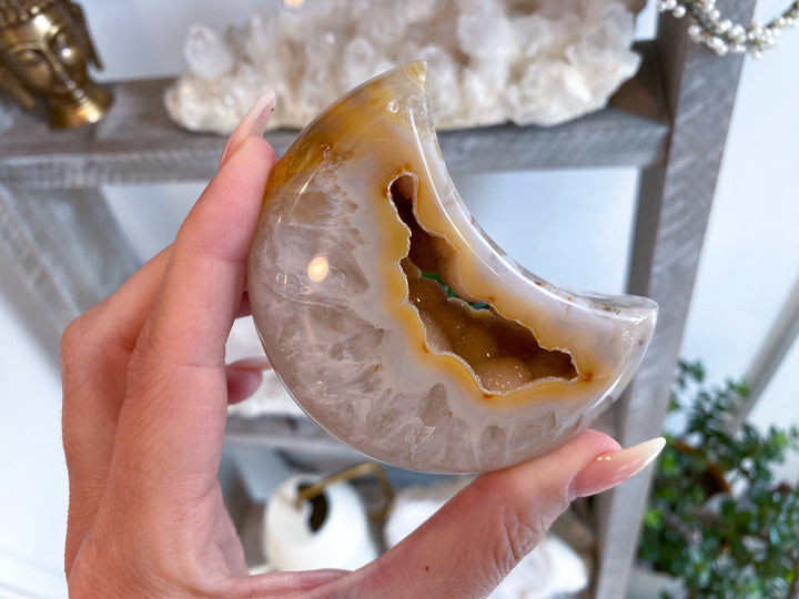 Druzy Orange, Peach Agate MOON  - Calm Nerves - Soothe Depression - Crystal Therapy - Self-care Stone - Crescent