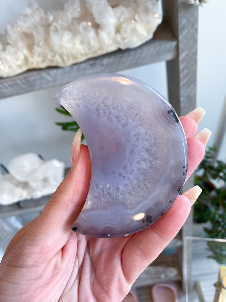 Druzy Grey Agate MOON  - Calm Nerves - Soothe Depression - Crystal Therapy - Self-care Stone - Crescent