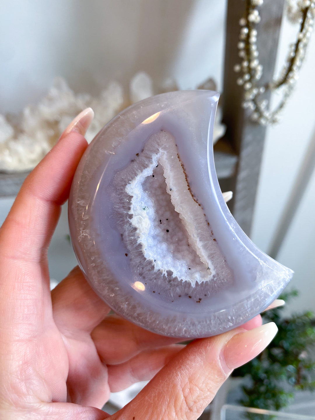 Druzy Grey Agate MOON  - Calm Nerves - Soothe Depression - Crystal Therapy - Self-care Stone - Crescent