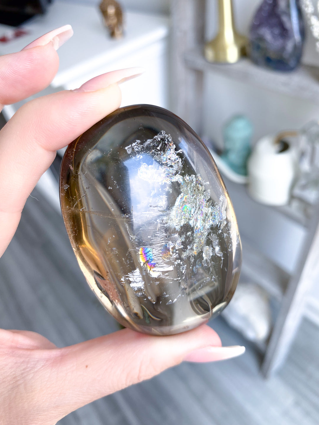 Phantom Smokey Citrine Palm with Rainbows 
