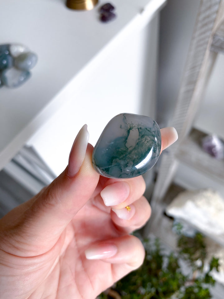 Moss Agate in Quartz Tumble