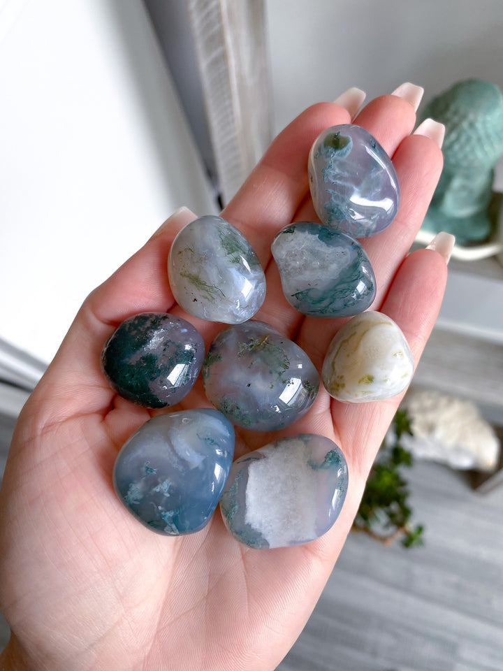 Moss Agate in Quartz Tumble