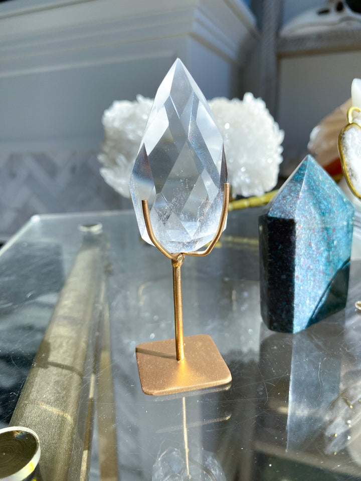 Faceted Clear Quartz Teardrop on Stand 