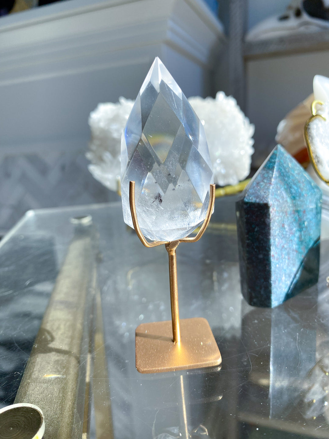 Faceted Clear Quartz Teardrop on Stand 