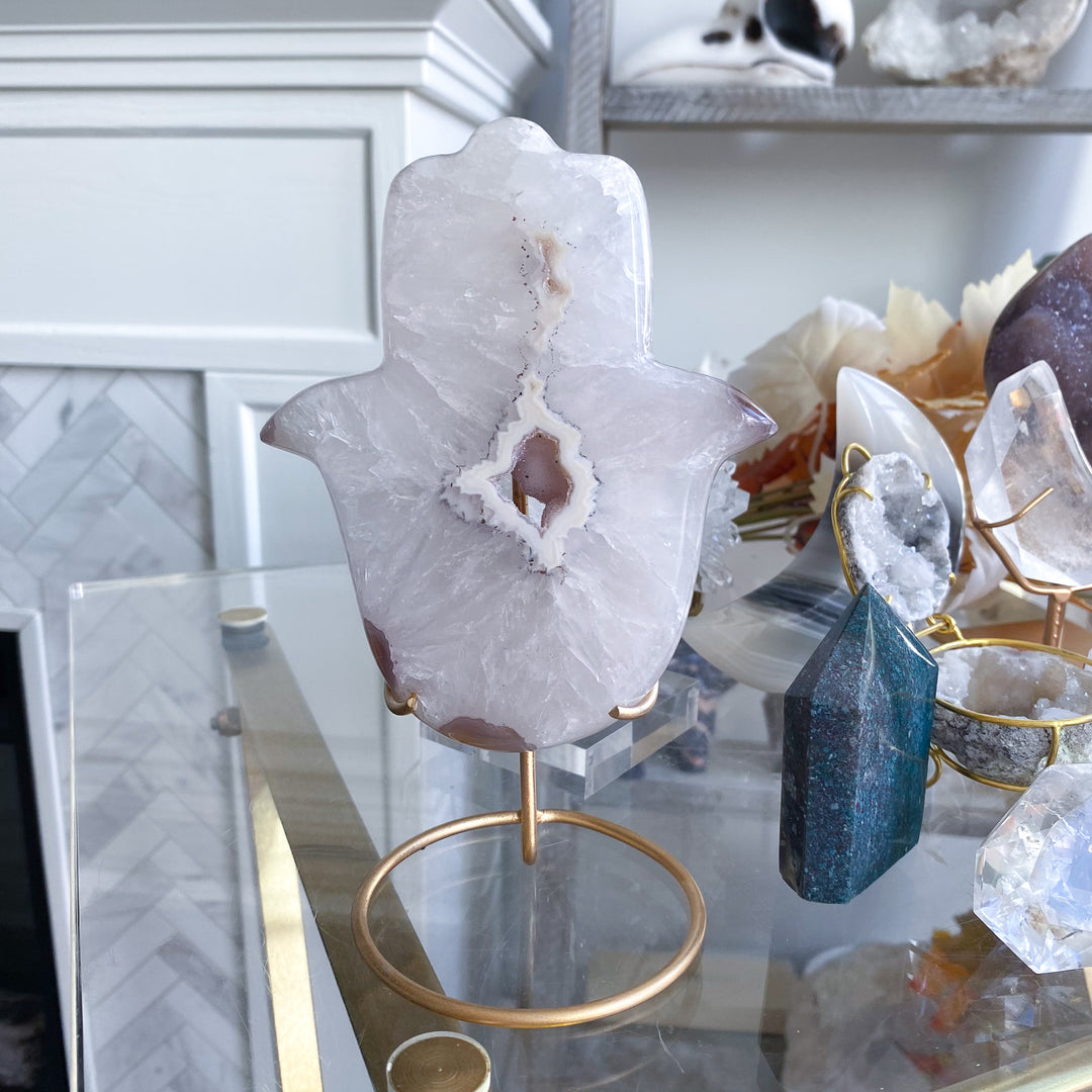 White Agate Hamsa on Stand 