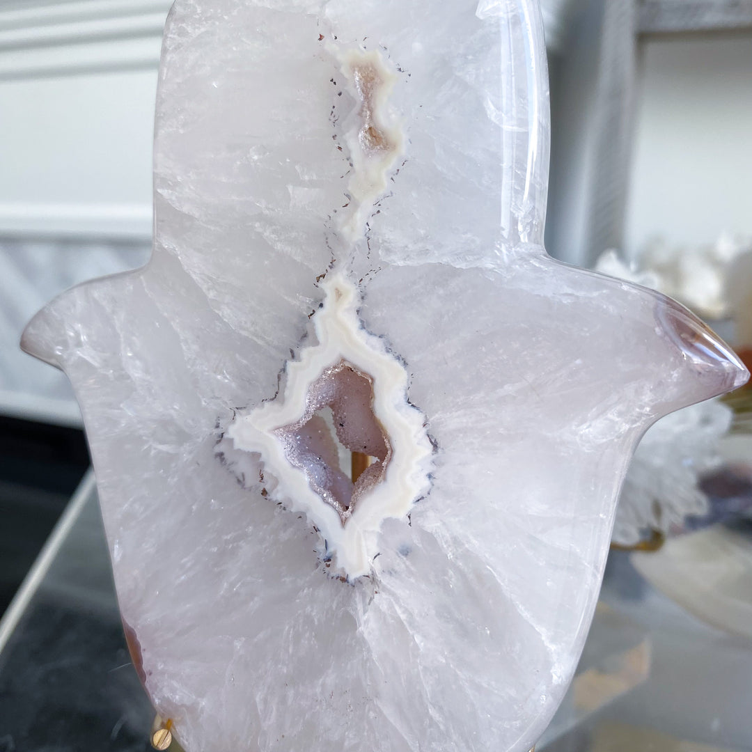 White Agate Hamsa on Stand 