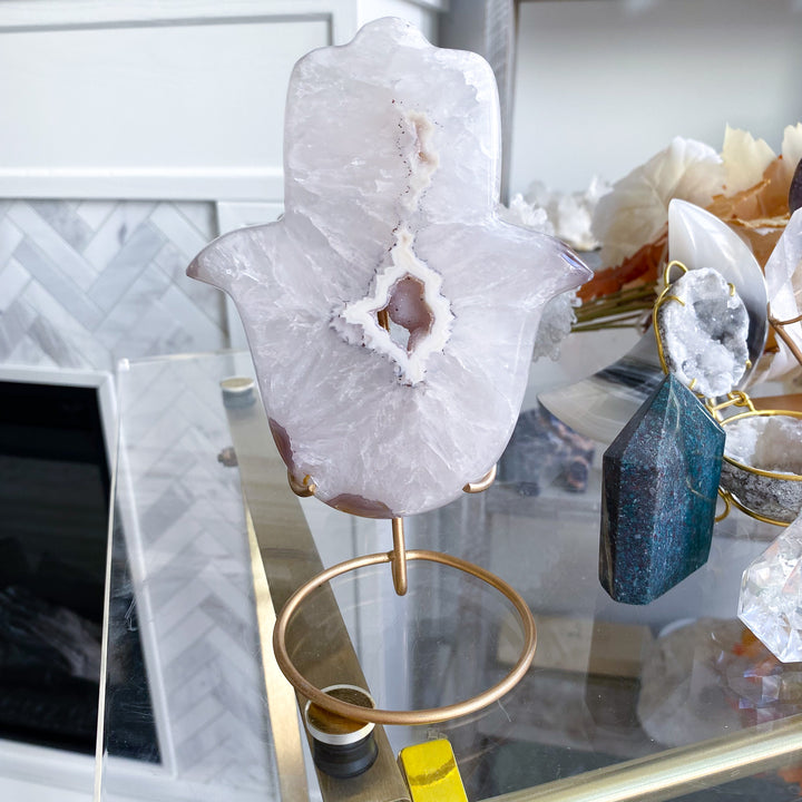 White Agate Hamsa on Stand 
