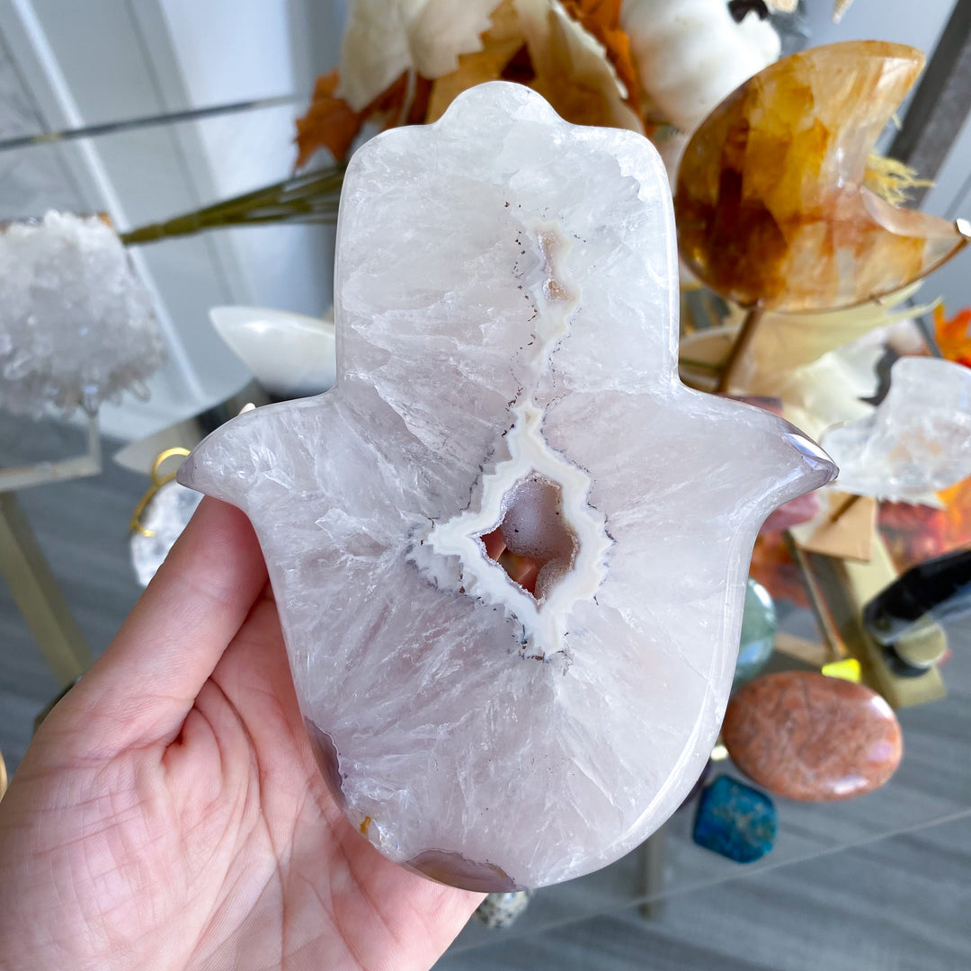 White Agate Hamsa on Stand 