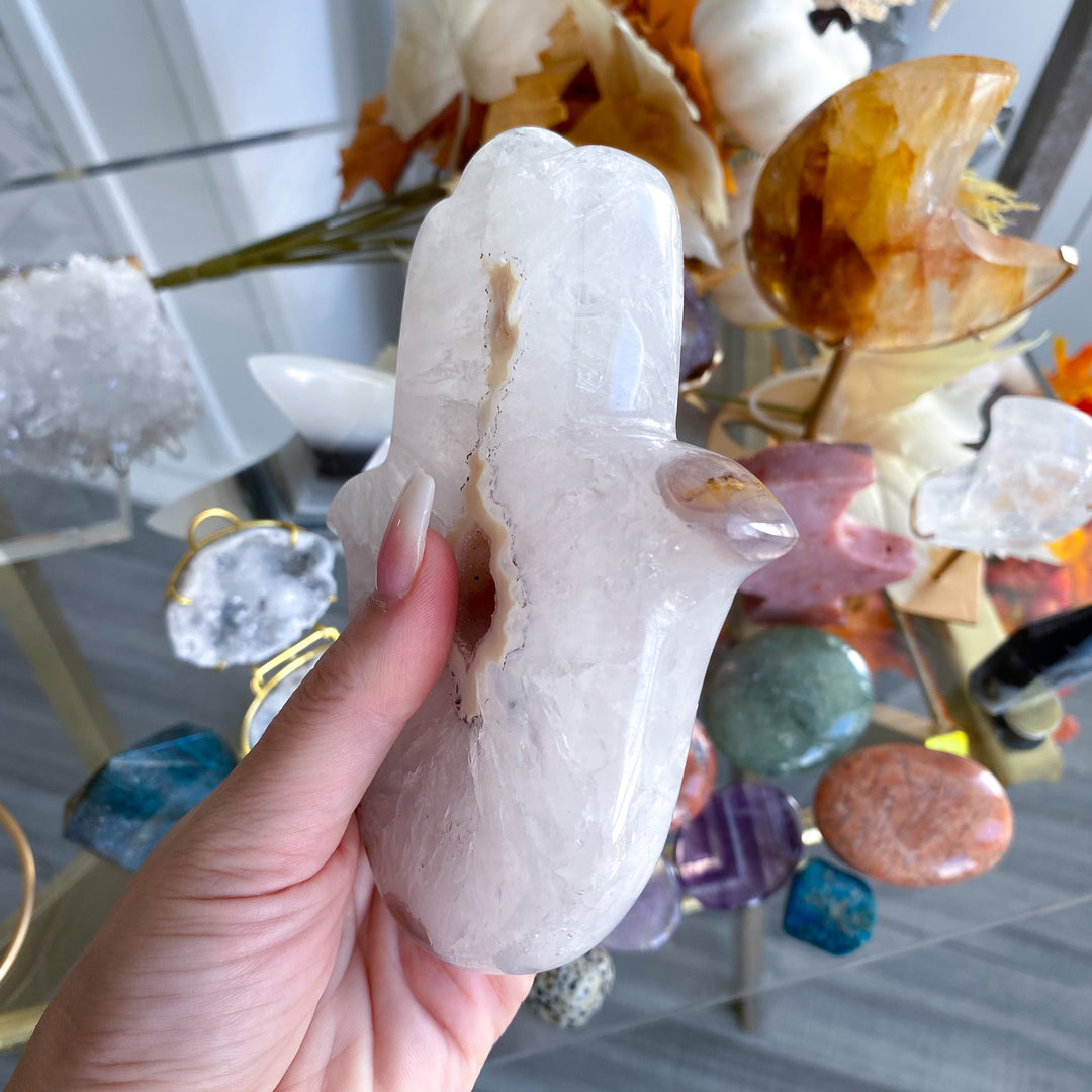 White Agate Hamsa on Stand 